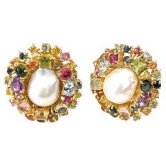 Bochic “Orient” Sapphire, Pearl 
Multi Gem Earrings Set 18K Gold&Silver