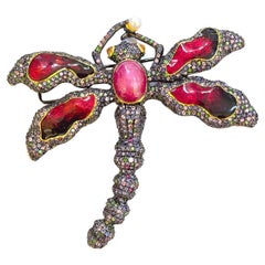 Vintage Bochic “Orient” Sapphire, Red Ruby & Red Enamel Brooch Set In 18K Gold & Silver 