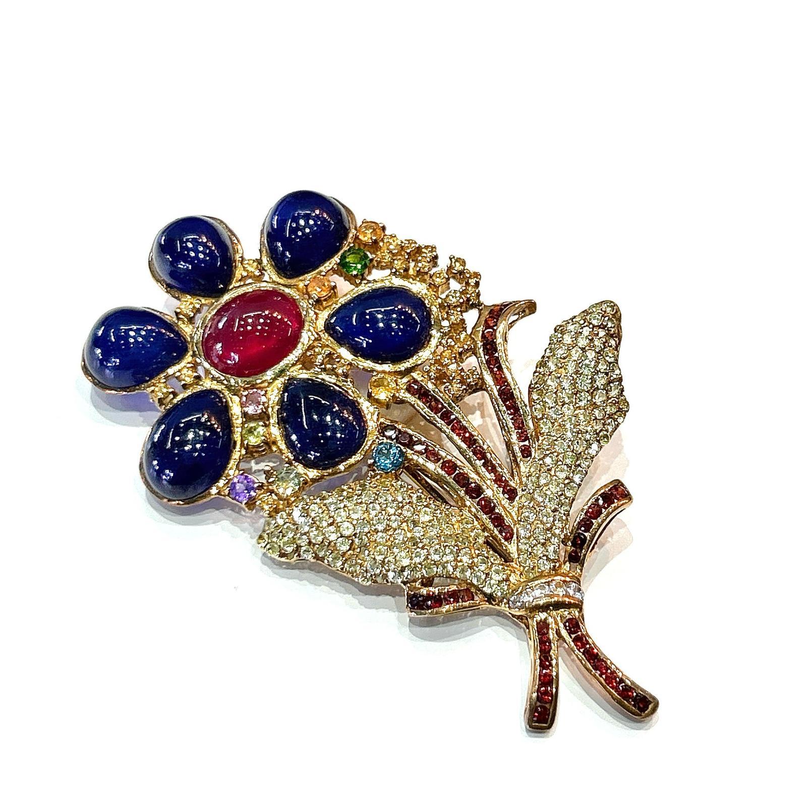 Bochic  “Orient” Sapphire, Ruby & Multi Gem Brooch Set In 18K Gold & Silver In New Condition For Sale In New York, NY