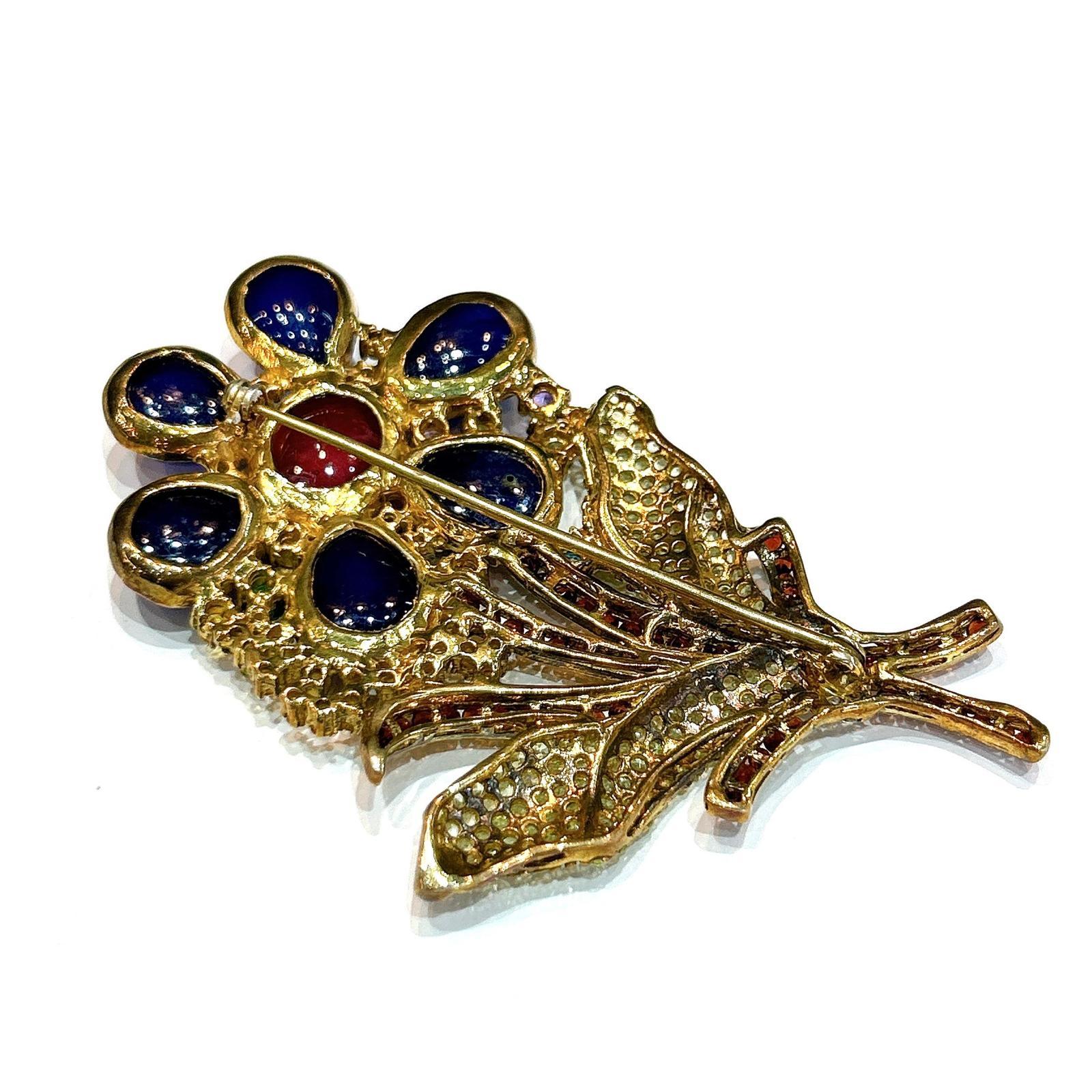 Women's or Men's Bochic  “Orient” Sapphire, Ruby & Multi Gem Brooch Set In 18K Gold & Silver For Sale