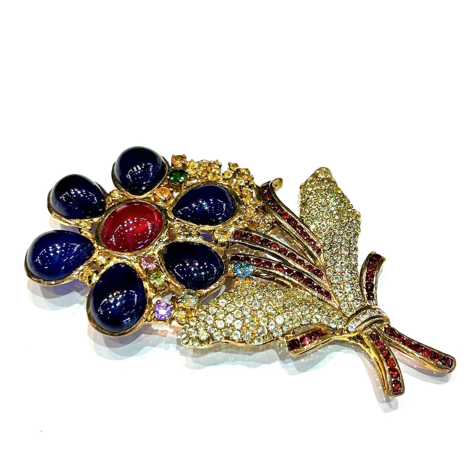 Bochic  “Orient” Sapphire, Ruby & Multi Gem Brooch Set In 18K Gold & Silver For Sale 1
