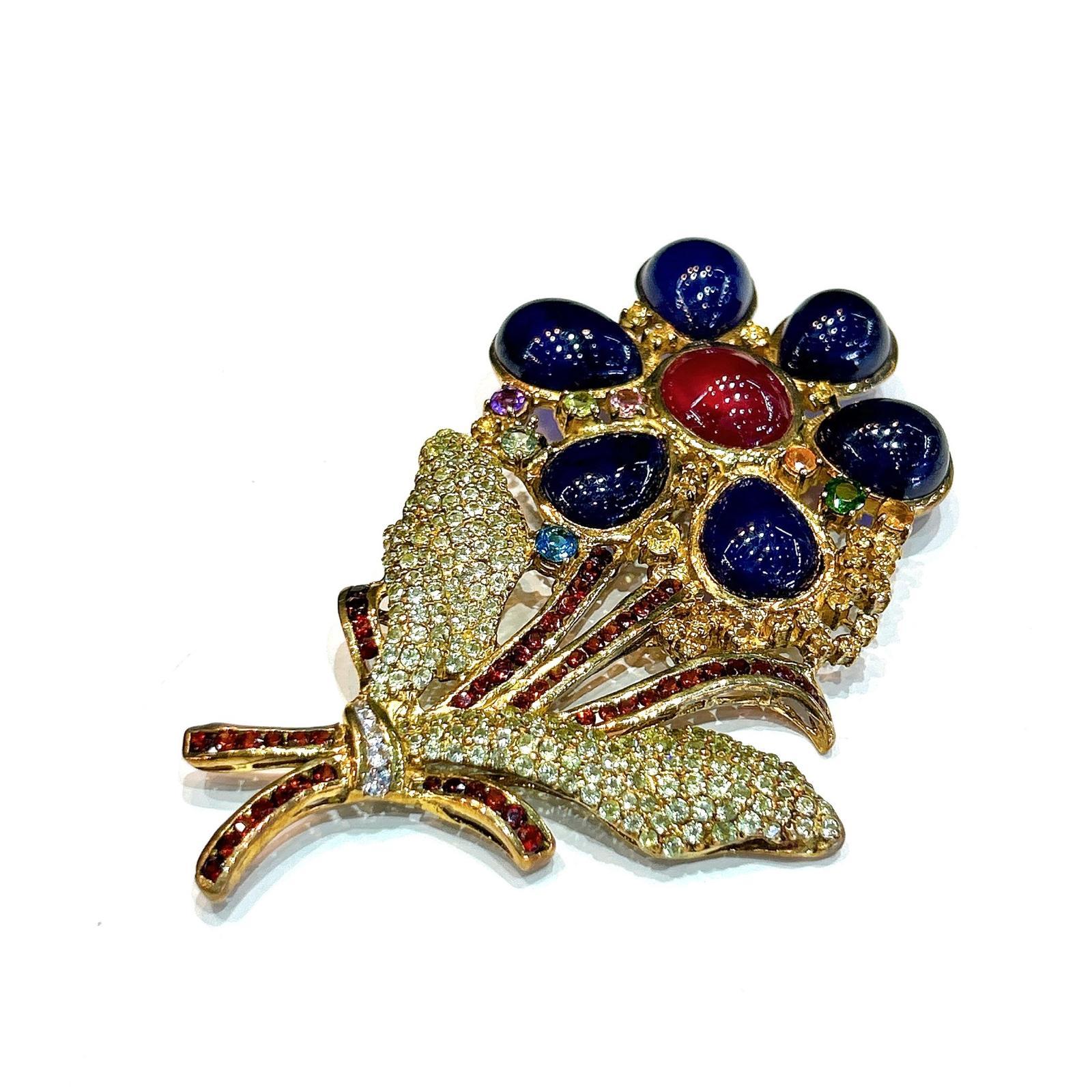 Bochic  “Orient” Sapphire, Ruby & Multi Gem Brooch Set In 18K Gold & Silver For Sale 2