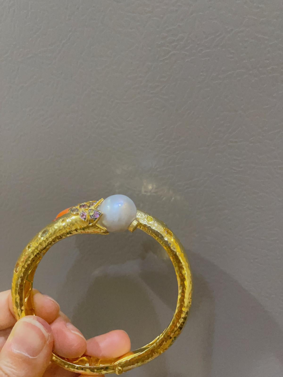 Bochic “Orient” Sapphire & South Sea Pearl Earrings & Bangle Set 18K & Silver For Sale 9