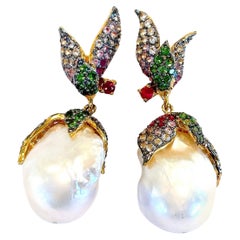 Bochic “Orient” Sapphire 
South Sea Pearl Earrings Set In 18K Gold 
Silver