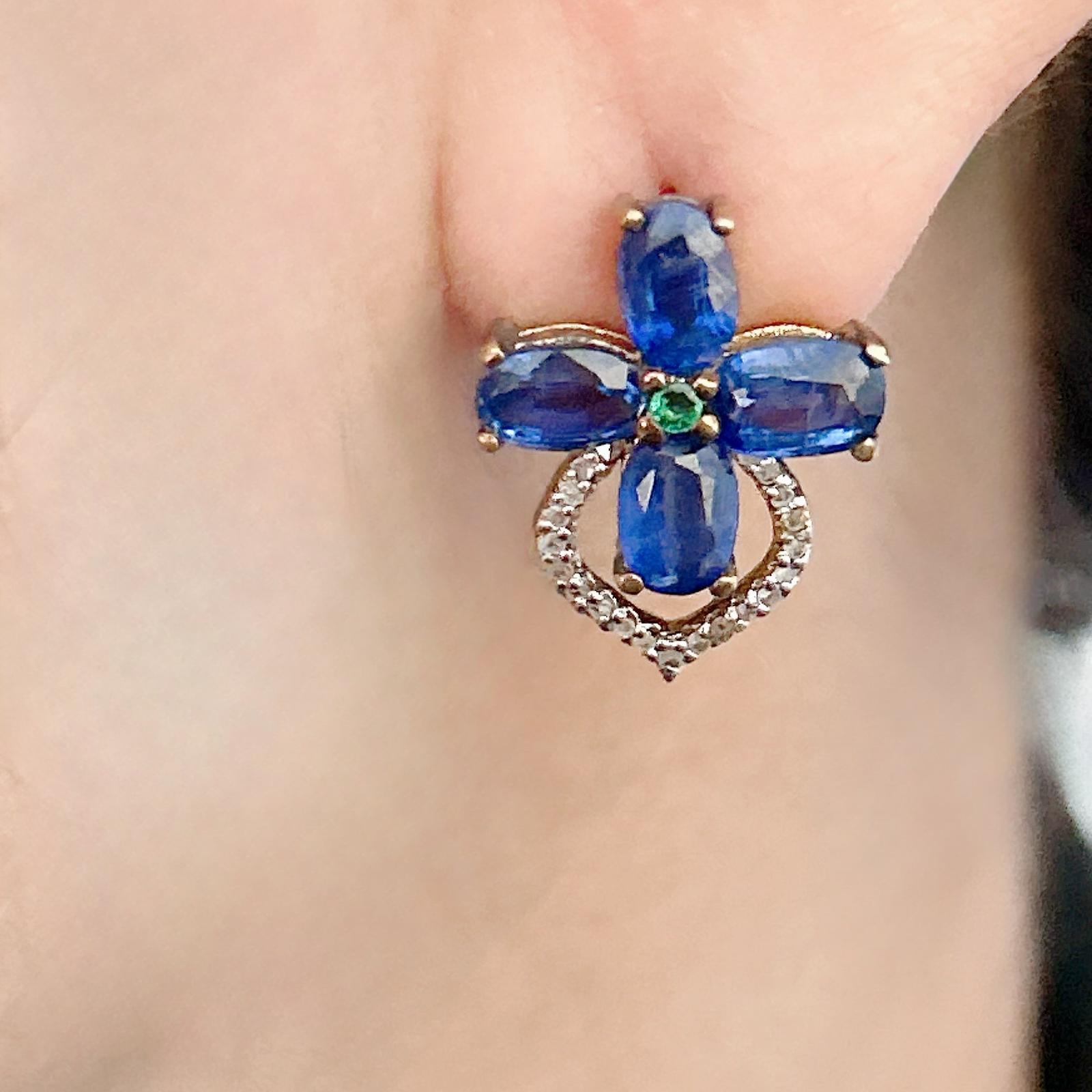 Oval Cut Bochic “Orient” Sapphire, Tanzanite & Emerald Earrings Set 18K Gold&Silver For Sale