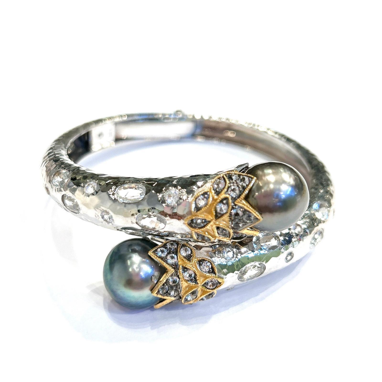 Baroque Bochic “Orient” Sapphire, Topaz & South Sea Pearl Bangle Set White 18K & Silver For Sale