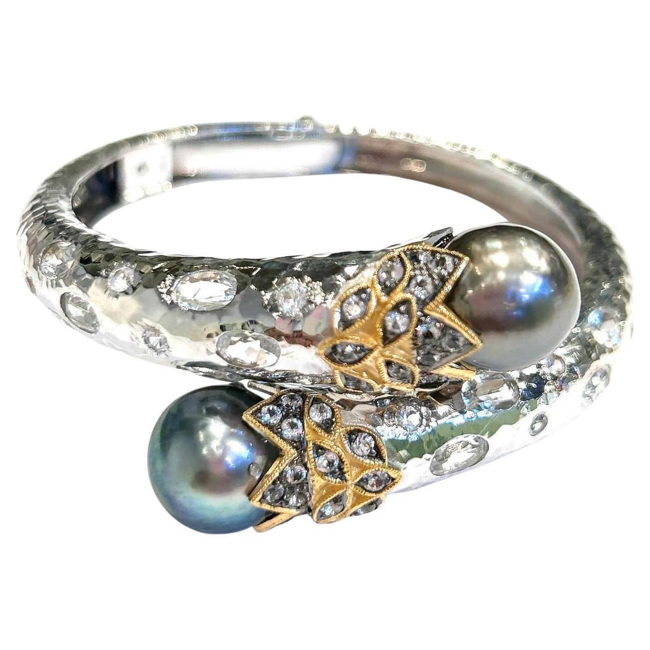 Bochic “Orient” Sapphire, Topaz & South Sea Pearl Bangle Set White 18K & Silver
