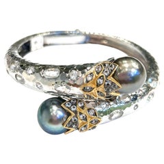 Bochic “Orient” Sapphire, Topaz & South Sea Pearl Bangle Set White 18K & Silver