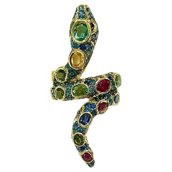 Bochic “Orient” Serpent Emerald, Sapphire & Ruby Ring Set In 18K Gold & Silver