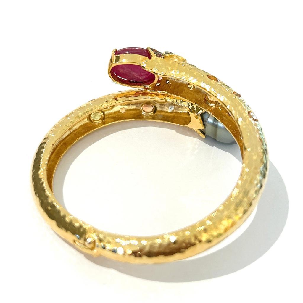 Women's Bochic “Orient” South Sea Pear, Ruby  & Sapphire Bangle Set In 18K Gold & Silver For Sale