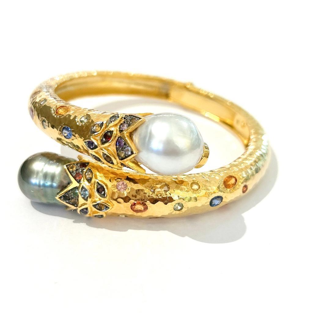 Brilliant Cut Bochic “Orient” South Sea Pearl & Multi Sapphire Bangle Set In 18K Gold & Silver For Sale