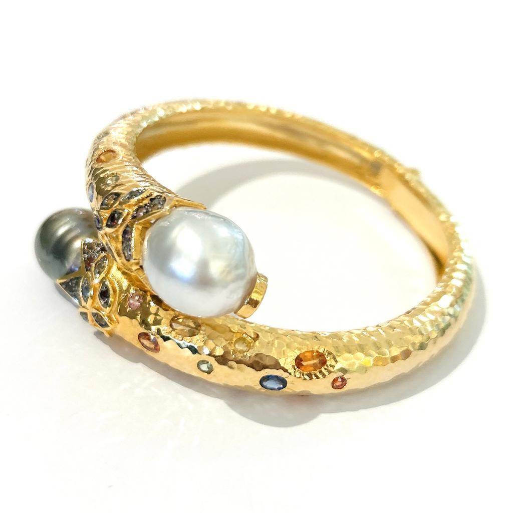 Women's Bochic “Orient” South Sea Pearl & Multi Sapphire Bangle Set In 18K Gold & Silver For Sale