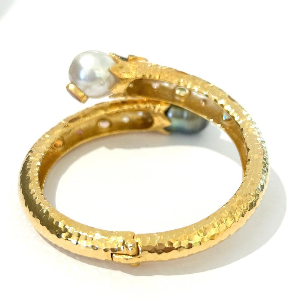 Bochic “Orient” South Sea Pearl & Multi Sapphire Bangle Set In 18K Gold & Silver For Sale 1