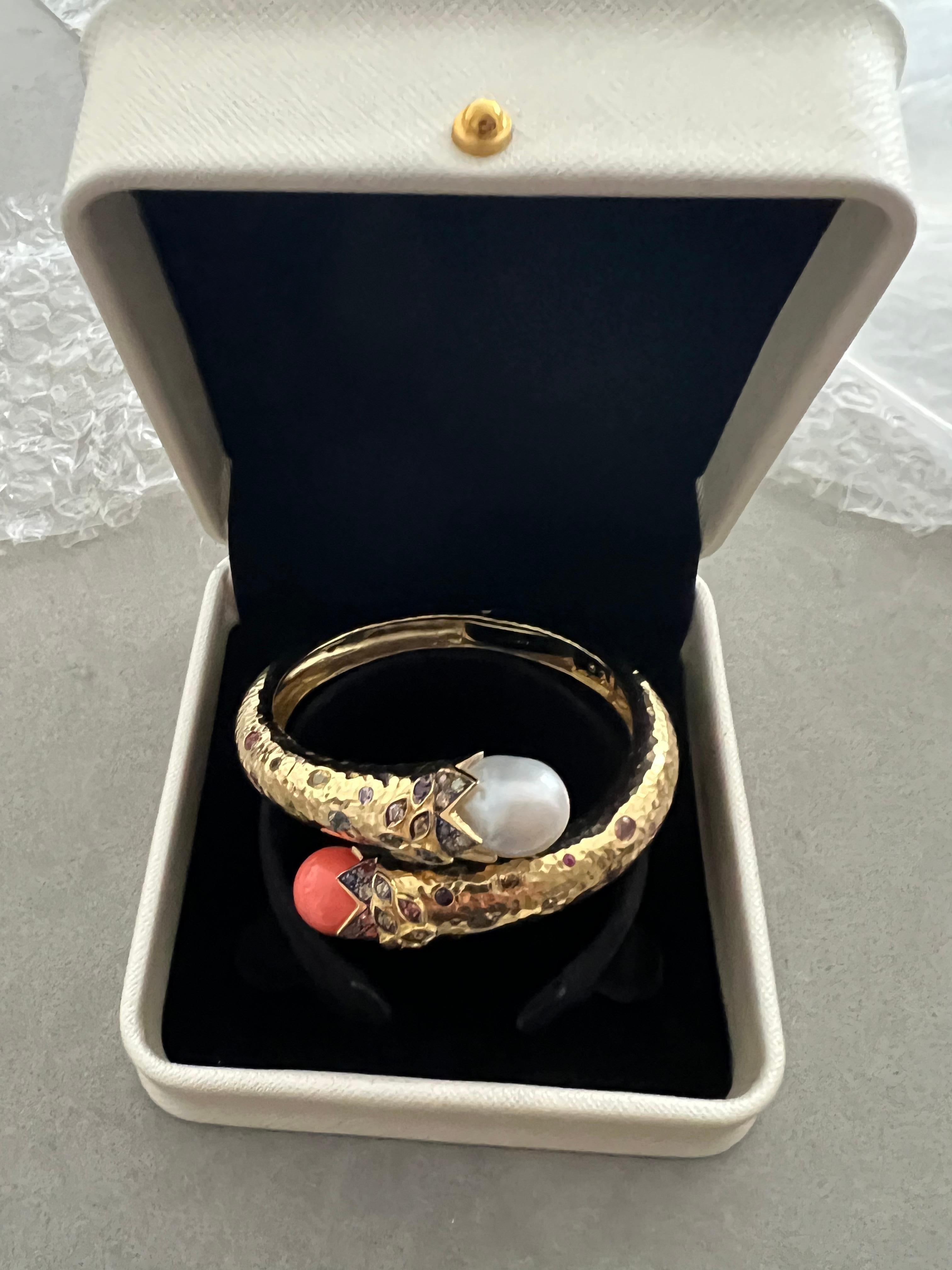 Bochic “Orient” South Sea Pearl & Multi Sapphire Bangle Set In 18K Gold & Silver For Sale 2
