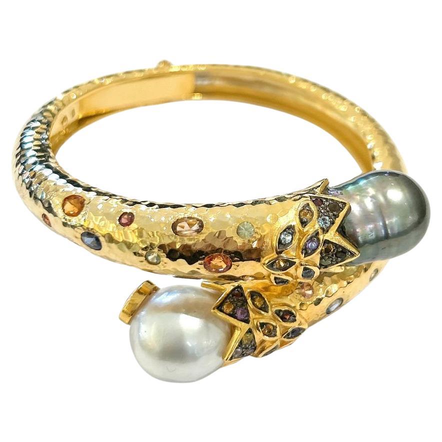 Bochic “Orient” South Sea Pearl & Multi Sapphire Bangle Set In 18K Gold & Silver For Sale