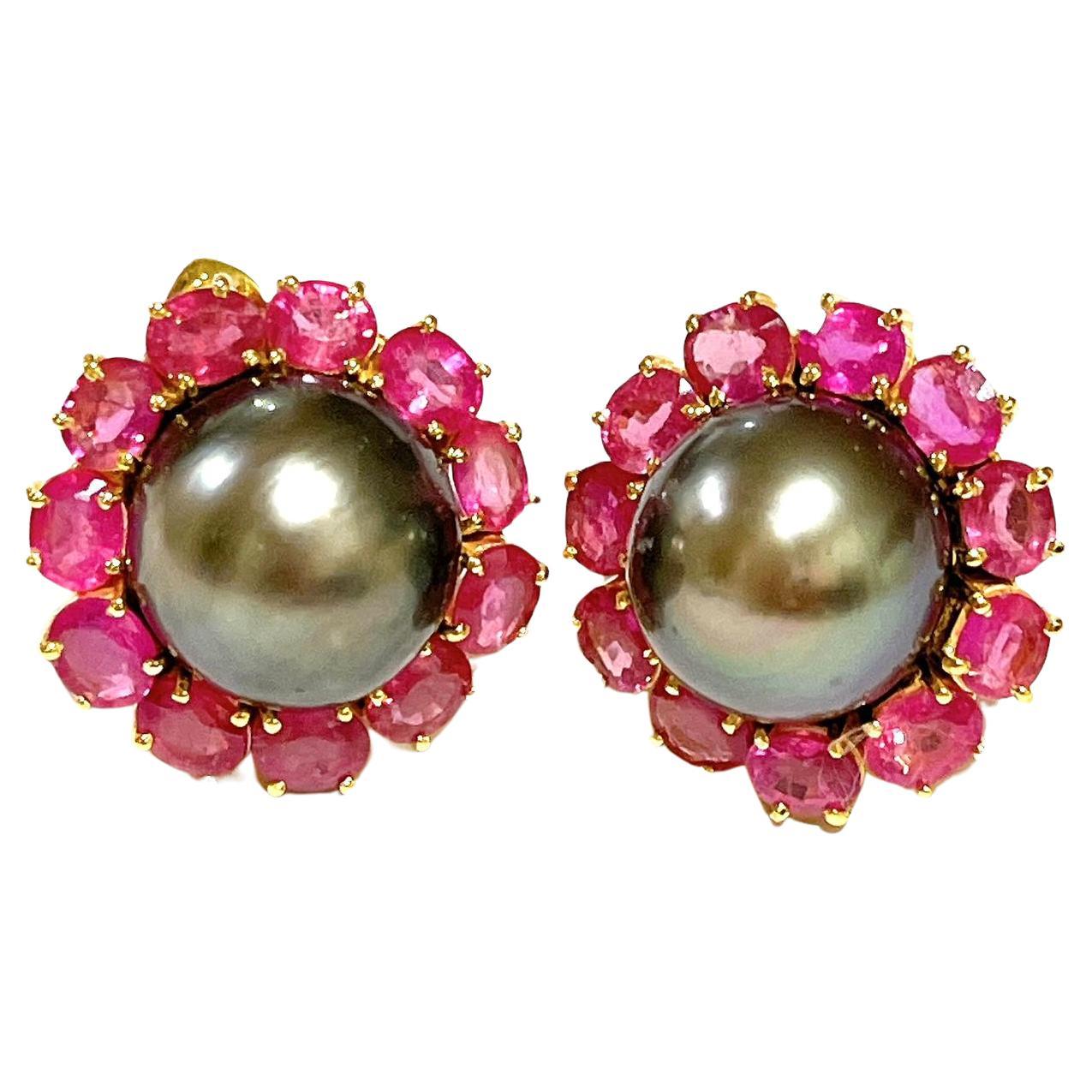 Bochic “Orient” South Sea Pearl & Ruby Earrings Set 18K Gold&Silver
