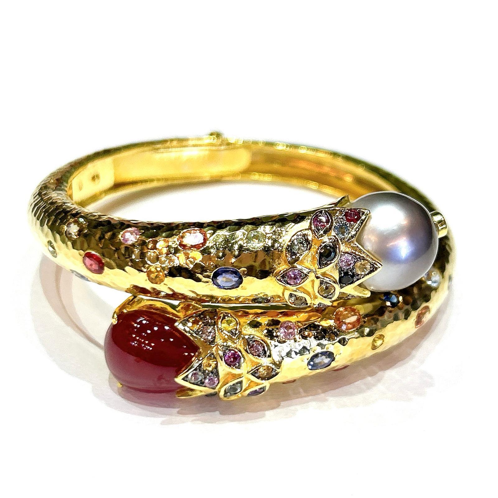 Brilliant Cut Bochic “Orient” South Sea Pearl, Ruby & Sapphire Bangle Set In 18K Gold & Silver For Sale