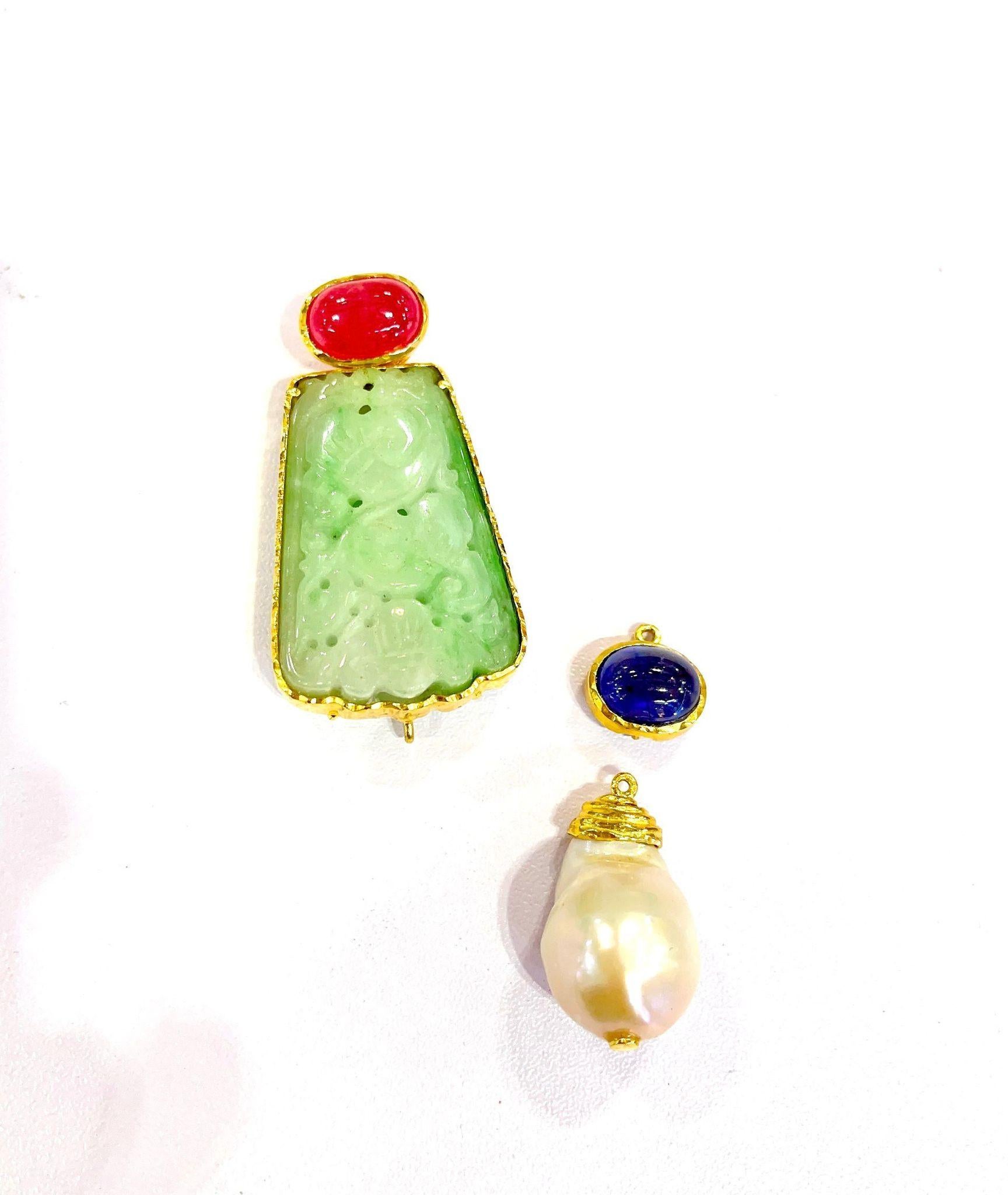 Bochic “Orient’ South Sea Pearl, Sapphire & Jade Pendant Set 18K Gold & Silver For Sale 2