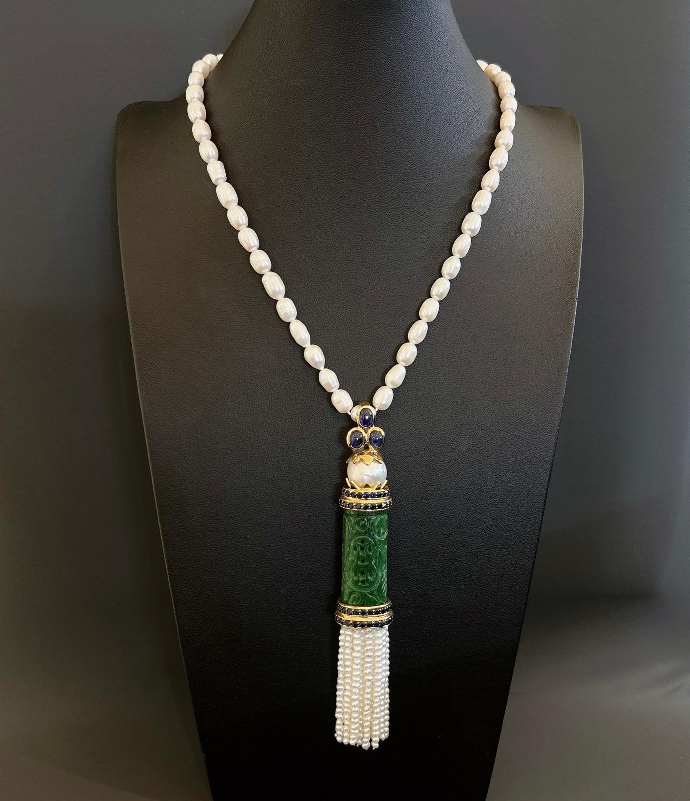 Bochic “Orient’ South Sea Pearl, Sapphire & Jade Pendant Set 18K Gold & Silver For Sale 6