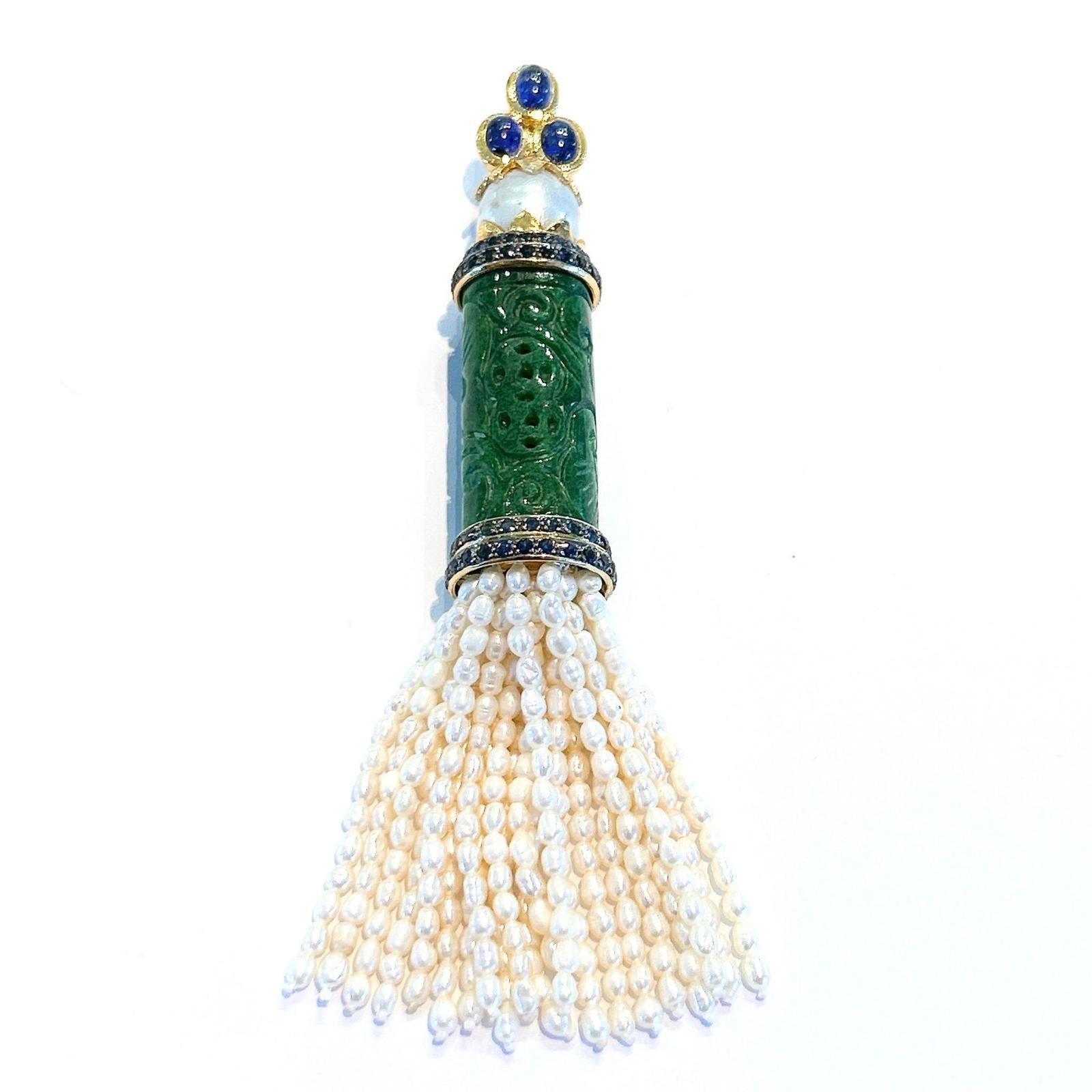 Cabochon Bochic “Orient’ South Sea Pearl, Sapphire & Jade Pendant Set 18K Gold & Silver For Sale