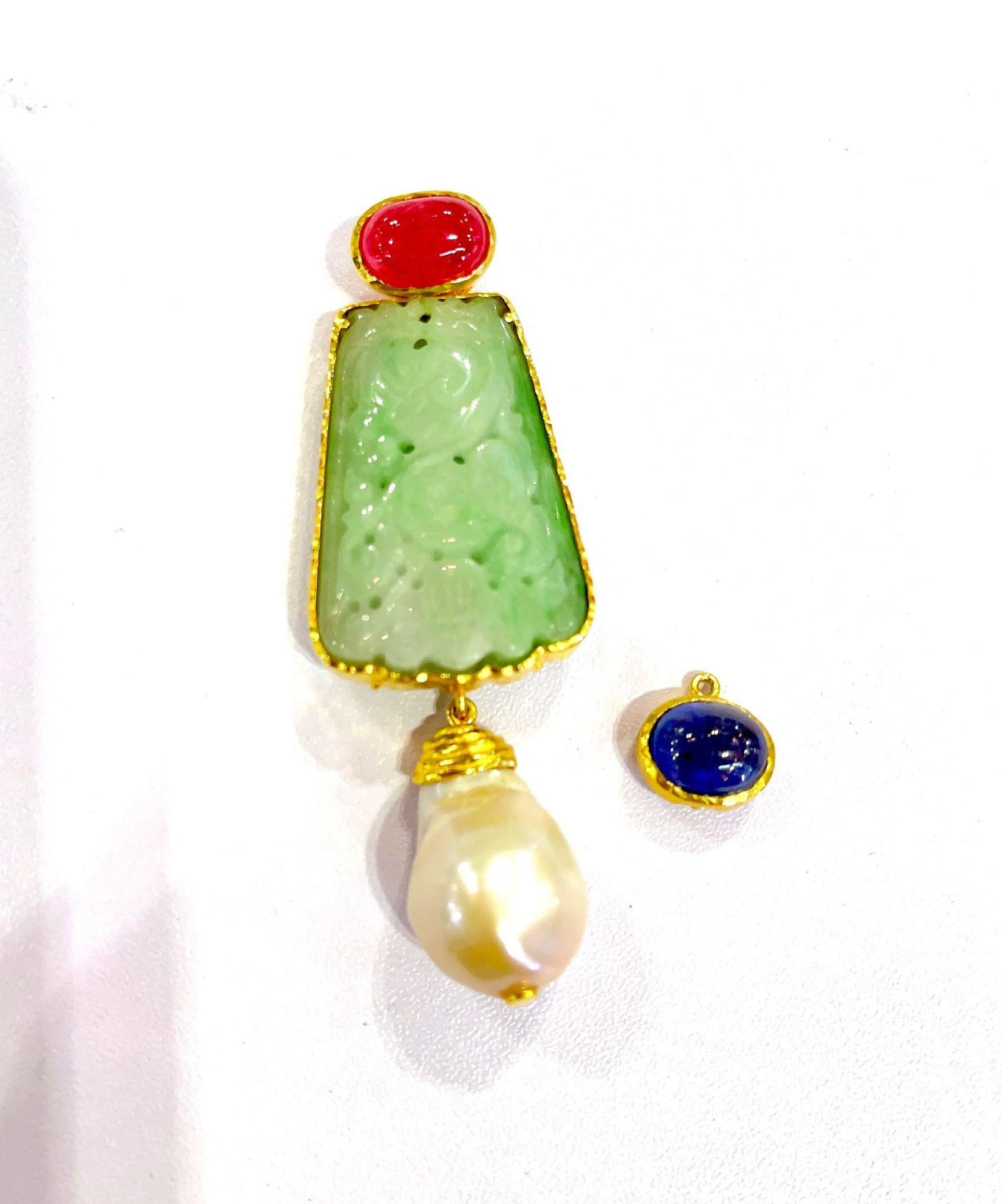 Bochic “Orient’ South Sea Pearl, Sapphire & Jade Pendant Set 18K Gold & Silver For Sale 1