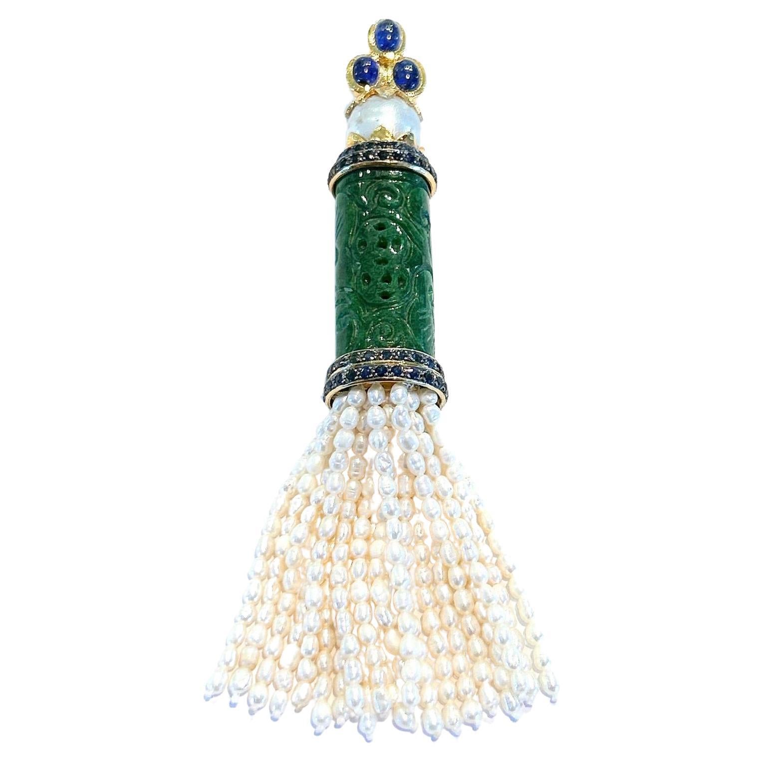 Bochic “Orient’ South Sea Pearl, Sapphire & Jade Pendant Set 18K Gold & Silver For Sale