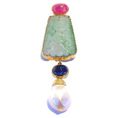 Vintage Bochic “Orient’ South Sea Pearl, Sapphire & Jade Pendant Set 18K Gold & Silver