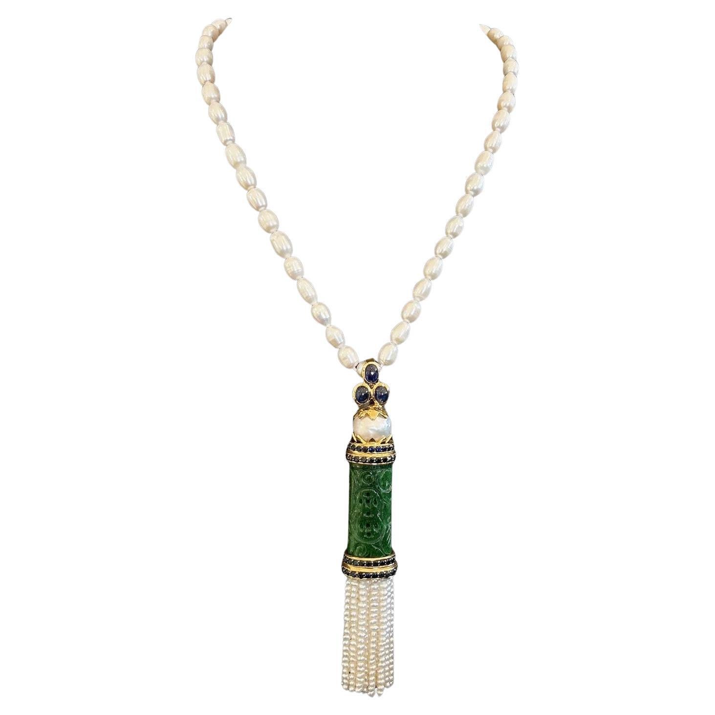 Bochic “Orient’ South Sea Pearl, Sapphire & Jade Pendant Set 18K Gold & Silver