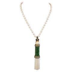 Bochic “Orient’ South Sea Pearl, Sapphire & Jade Pendant Set 18K Gold & Silver