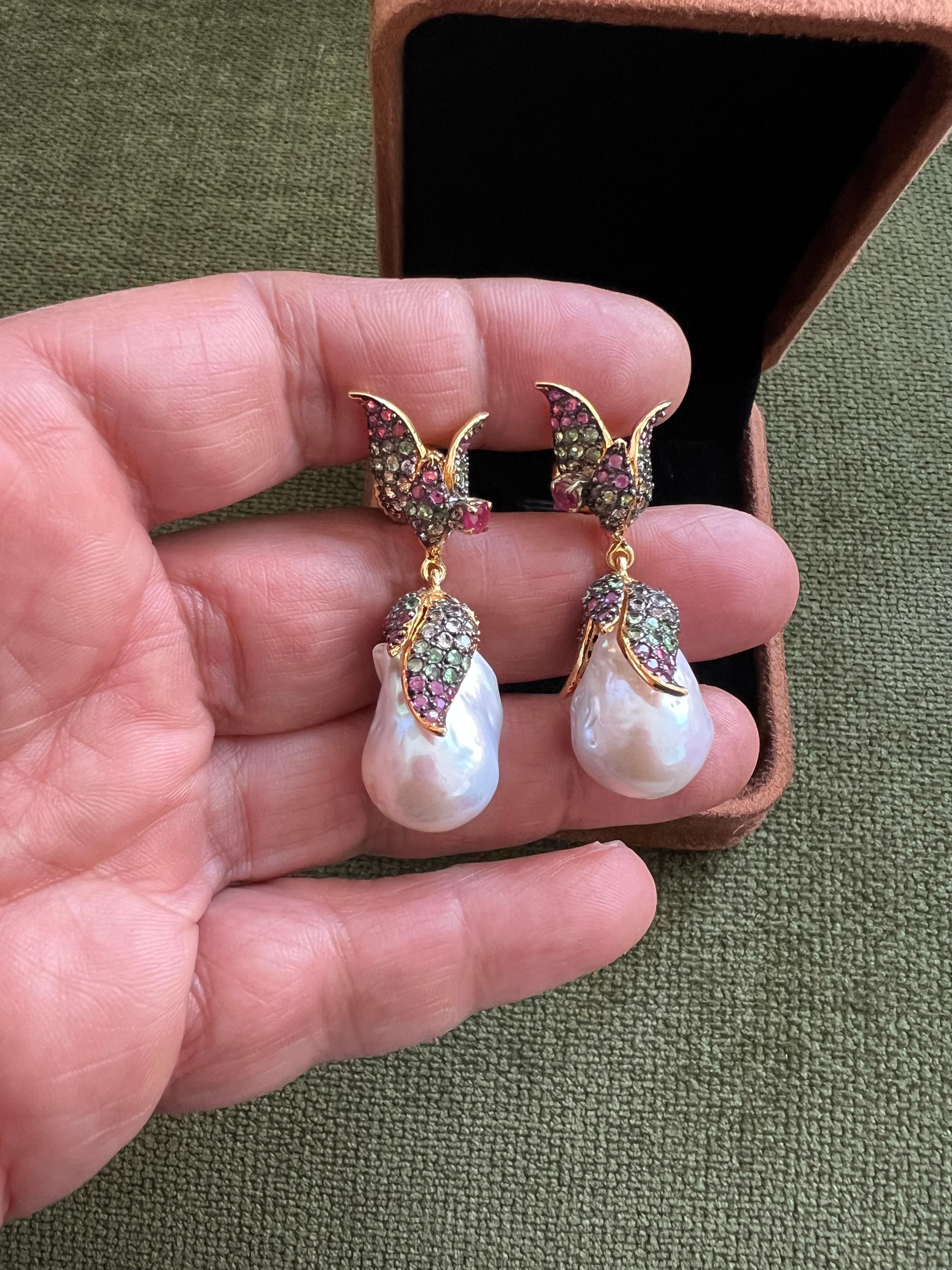 Bochic “Orient” South Sea Pearl, Sapphire & Ruby Earrings Set 18K Gold & Silver For Sale 5