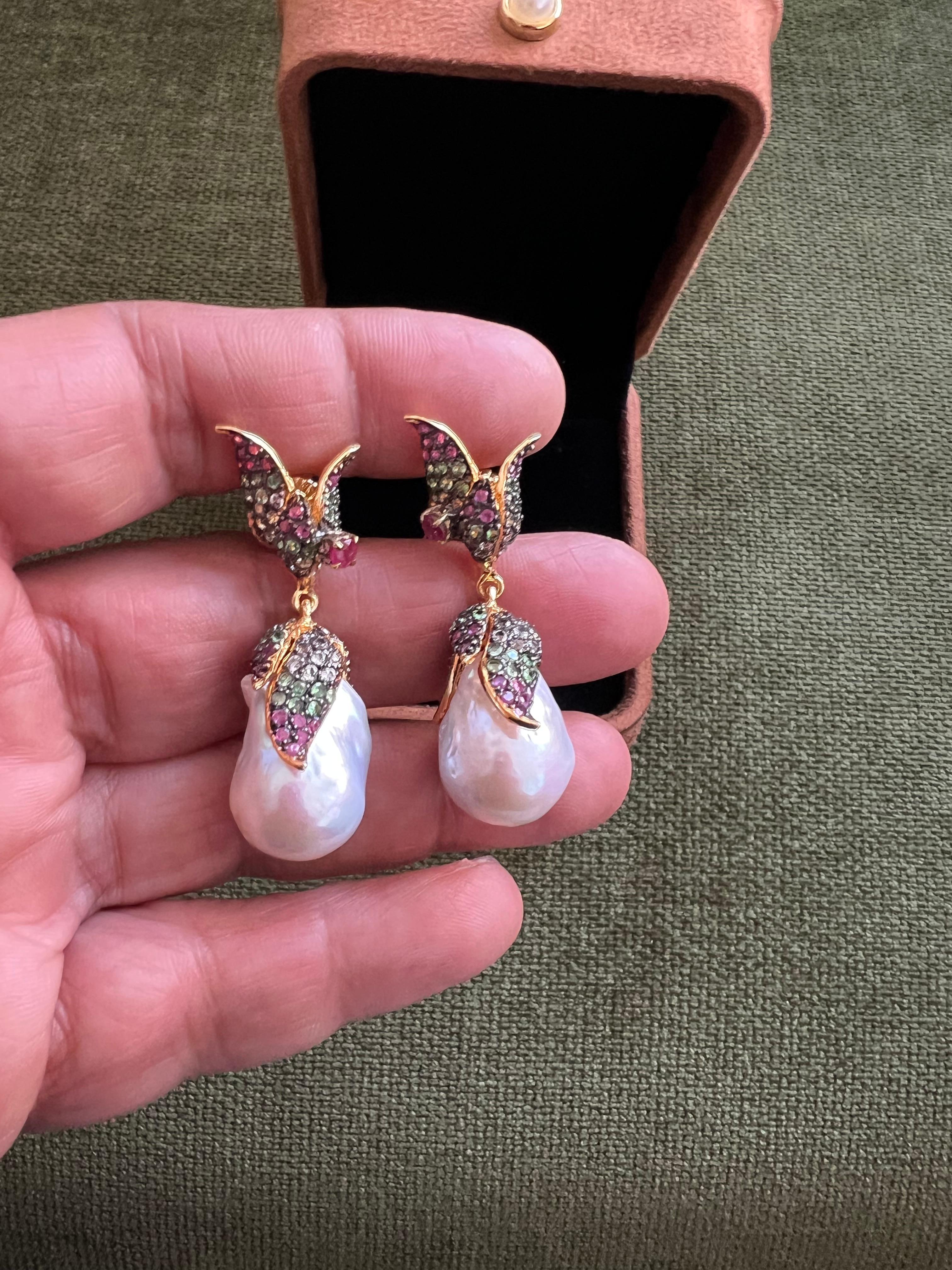 Bochic “Orient” South Sea Pearl, Sapphire & Ruby Earrings Set 18K Gold & Silver For Sale 6