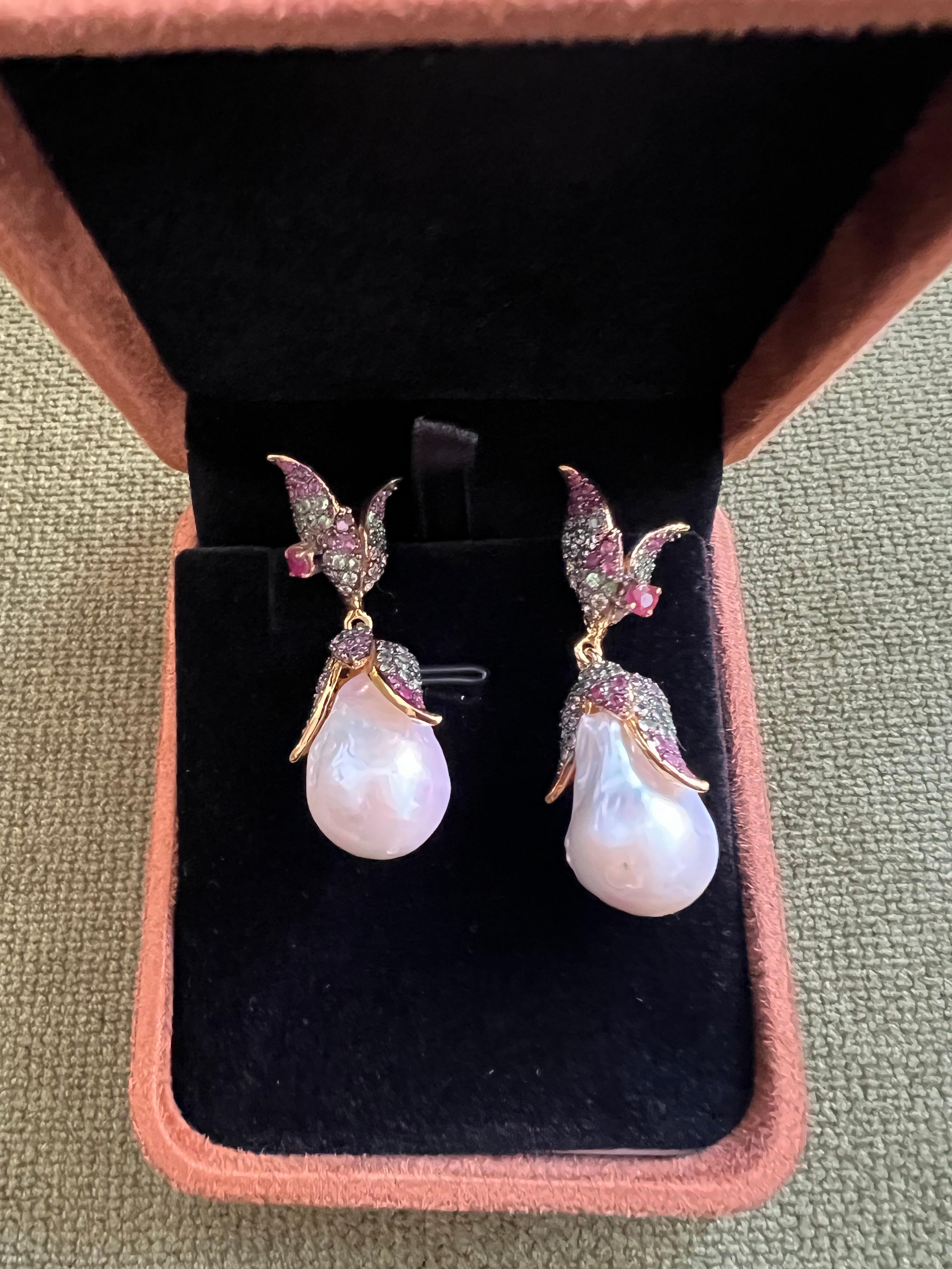 Baroque Bochic “Orient” South Sea Pearl, Sapphire & Ruby Earrings Set 18K Gold & Silver For Sale
