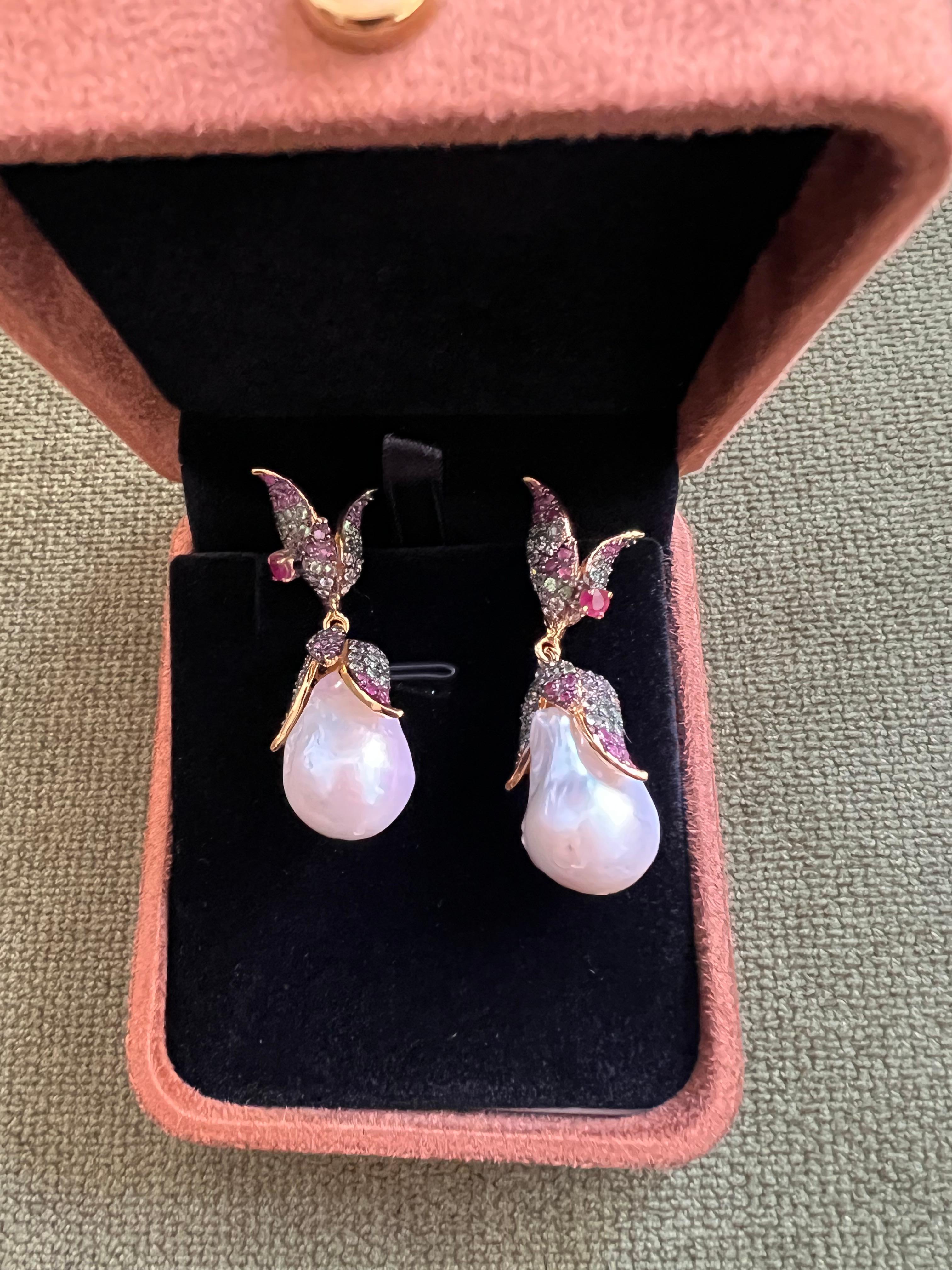Brilliant Cut Bochic “Orient” South Sea Pearl, Sapphire & Ruby Earrings Set 18K Gold & Silver For Sale