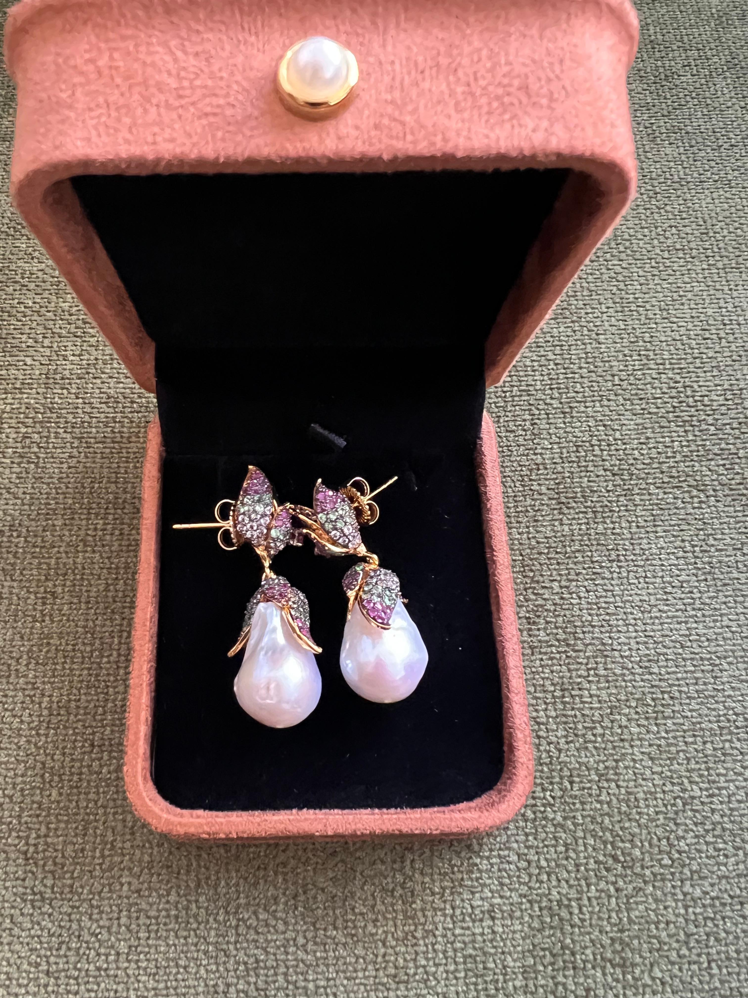 Bochic “Orient” South Sea Pearl, Sapphire & Ruby Earrings Set 18K Gold & Silver For Sale 2