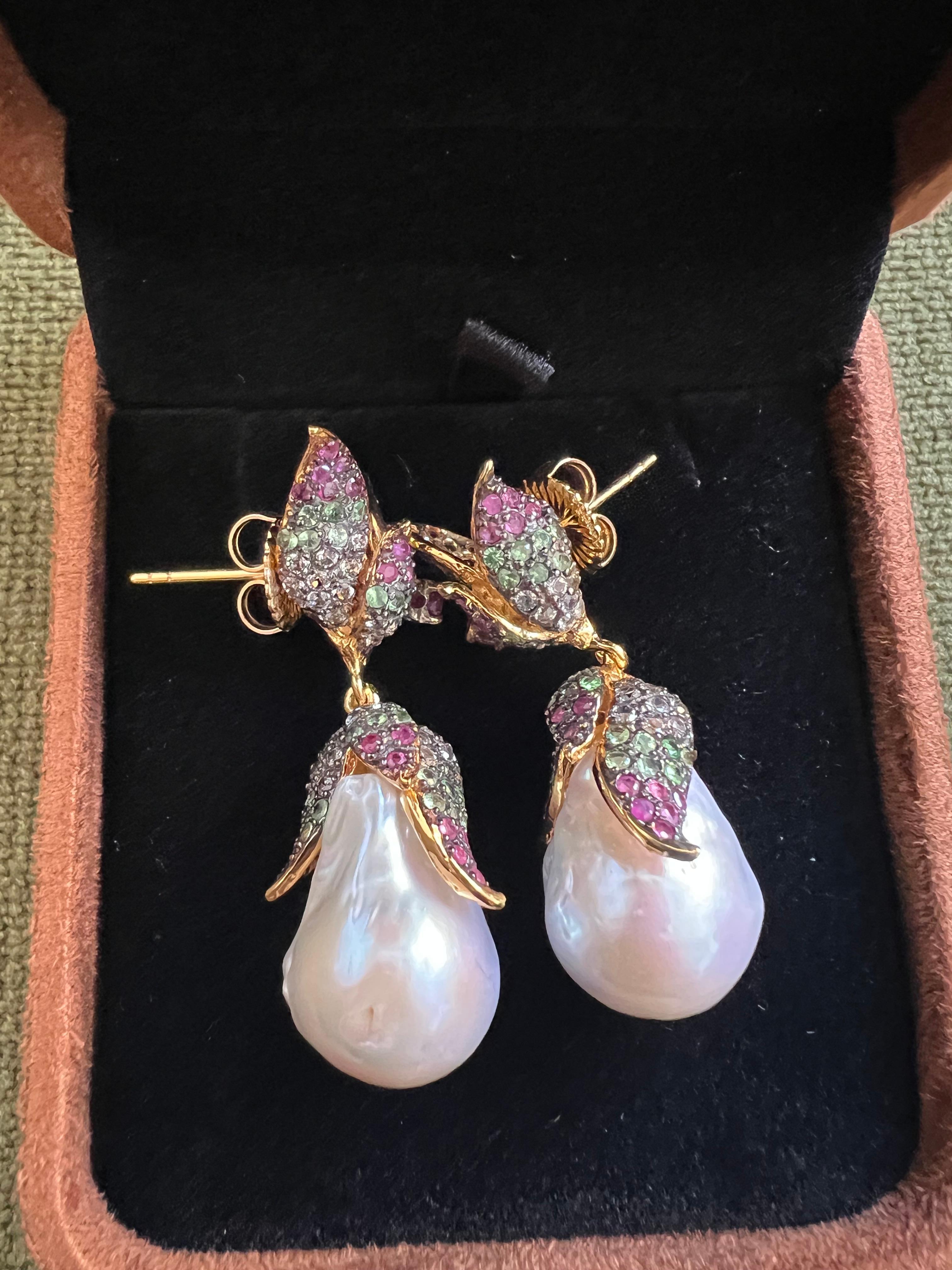 Bochic “Orient” South Sea Pearl, Sapphire & Ruby Earrings Set 18K Gold & Silver For Sale 3
