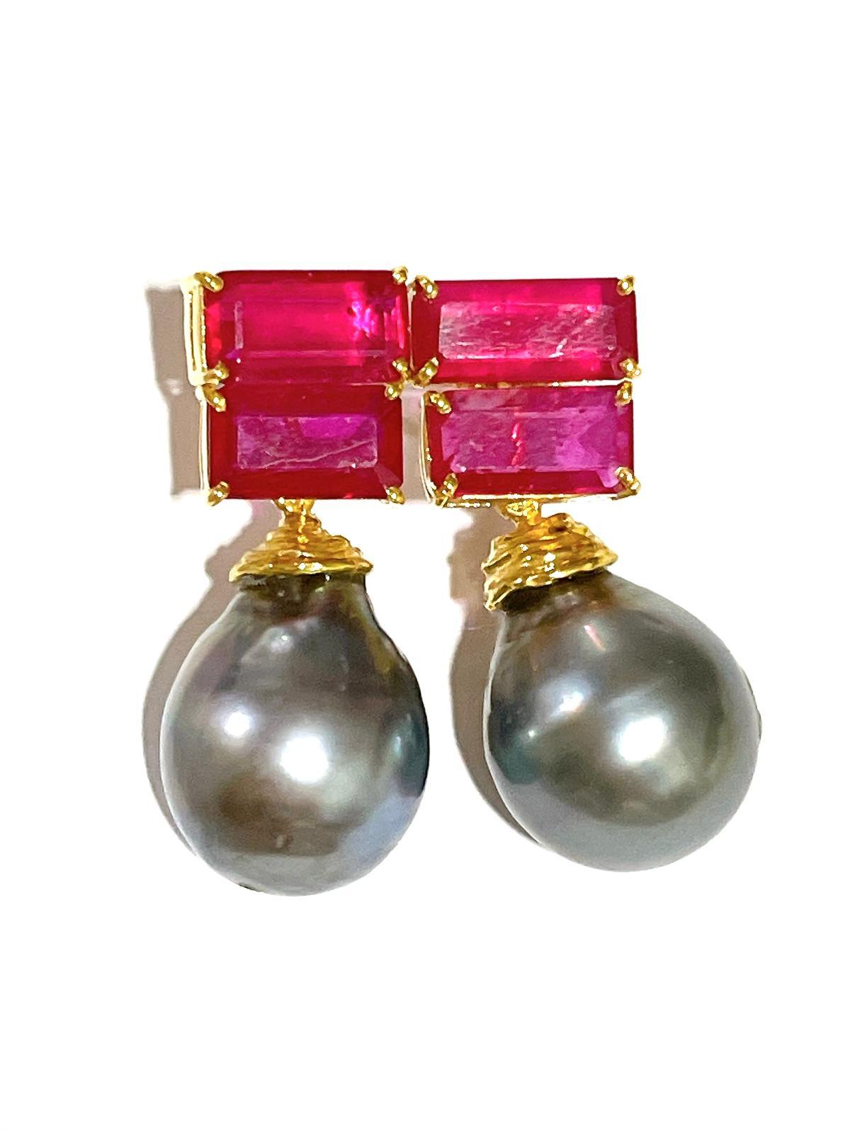 Art Deco Bochic “Orient” South Sea Pearl & Step Cut Ruby Earrings Set 18K Gold&Silver For Sale