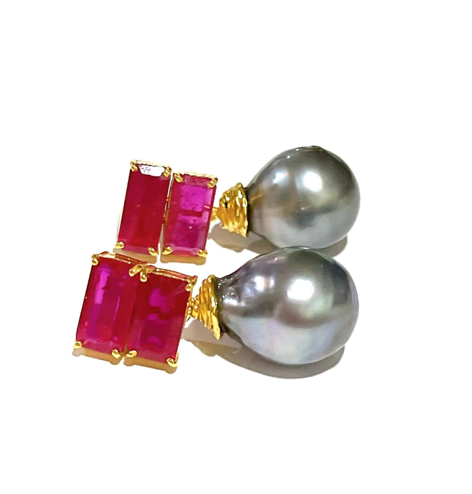 Square Cut Bochic “Orient” South Sea Pearl & Step Cut Ruby Earrings Set 18K Gold&Silver For Sale