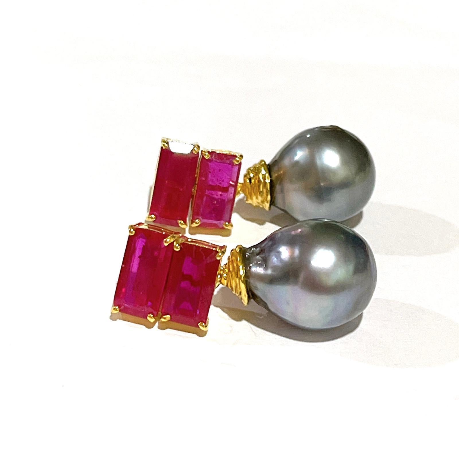 Bochic “Orient” South Sea Pearl & Step Cut Ruby Earrings Set 18K Gold&Silver In New Condition For Sale In New York, NY