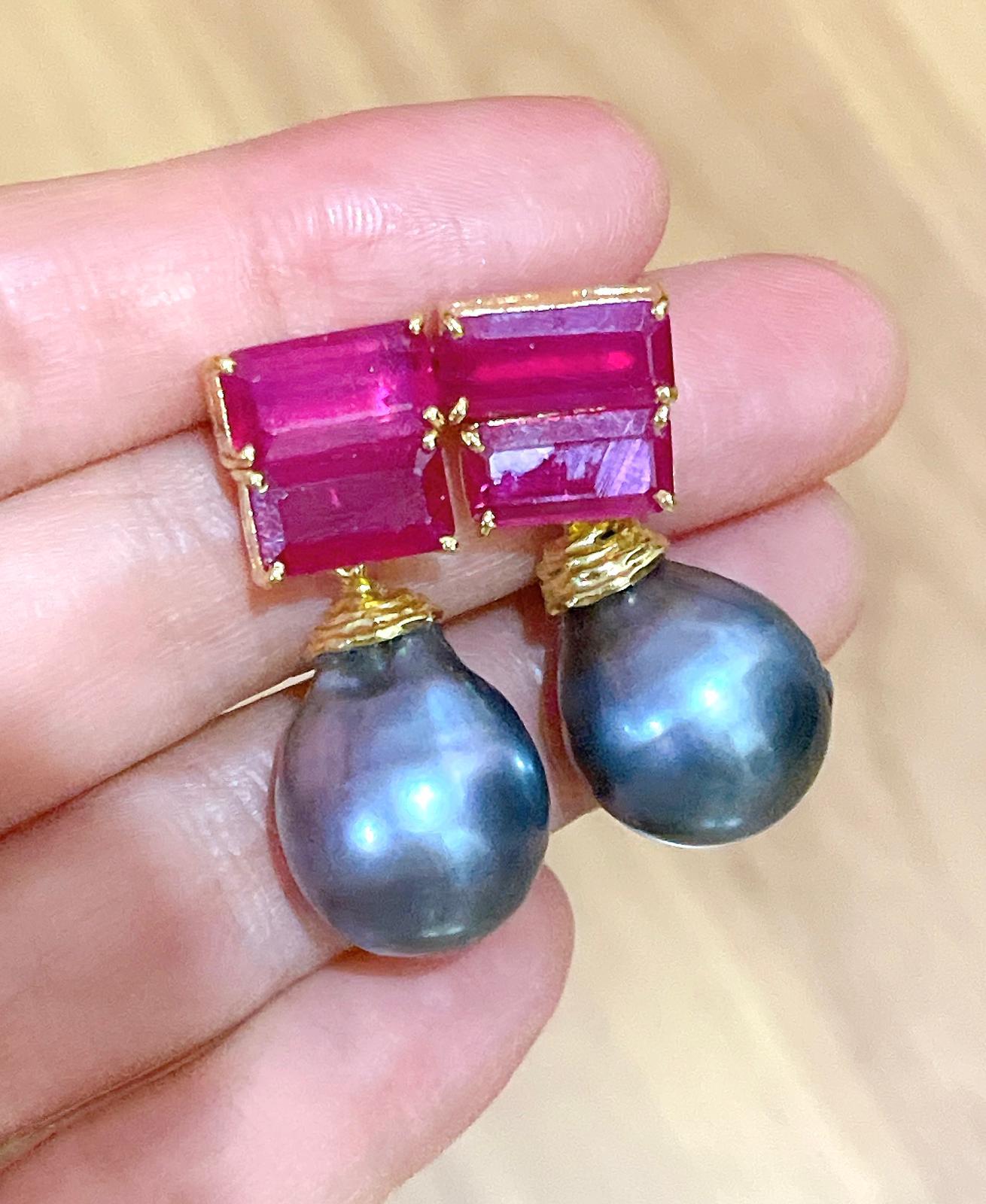 Women's Bochic “Orient” South Sea Pearl & Step Cut Ruby Earrings Set 18K Gold&Silver For Sale
