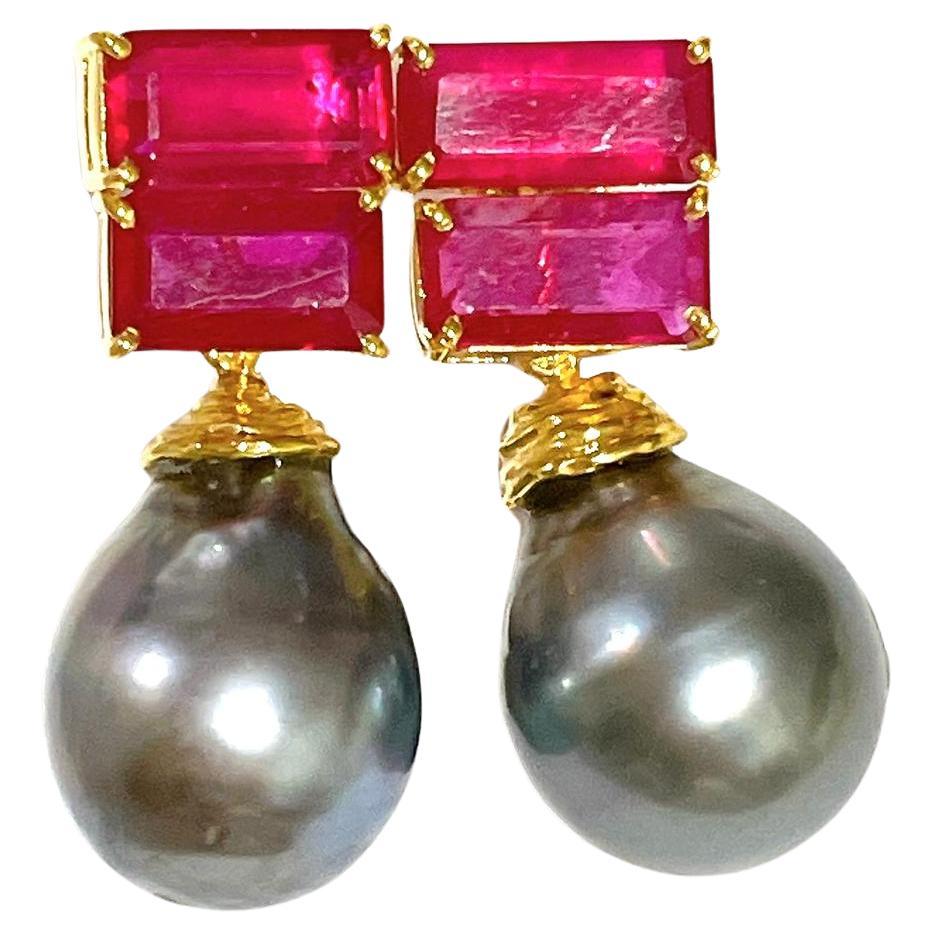 Bochic “Orient” South Sea Pearl & Step Cut Ruby Earrings Set 18K Gold&Silver
