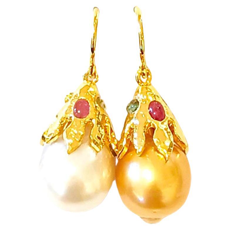 Baroque Bochic “Orient” South Sea Pearl & Tourmaline Earrings Set In 18K Gold & Silver  For Sale