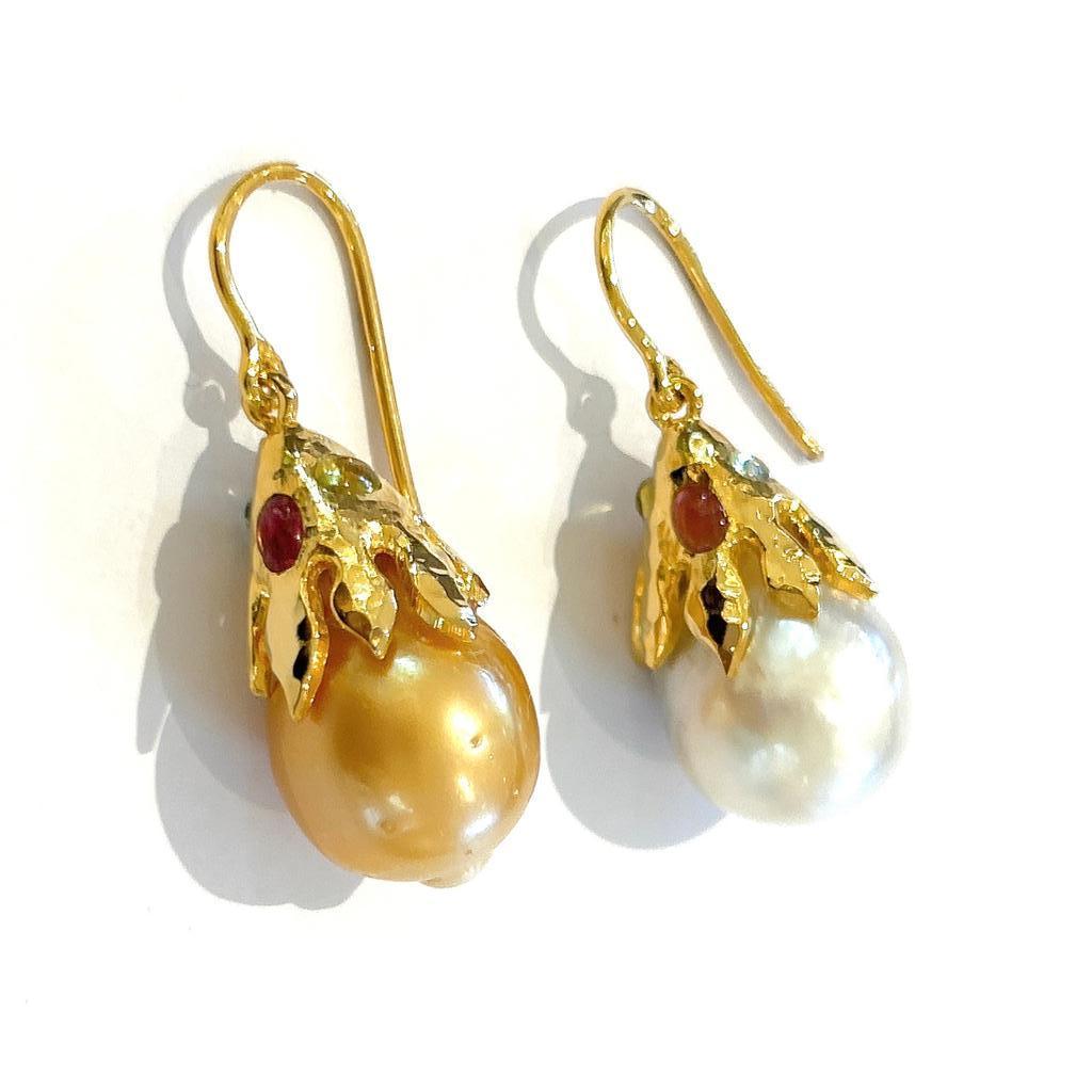 Bochic “Orient” South Sea Pearl & Tourmaline Earrings Set In 18K Gold & Silver  In New Condition For Sale In New York, NY