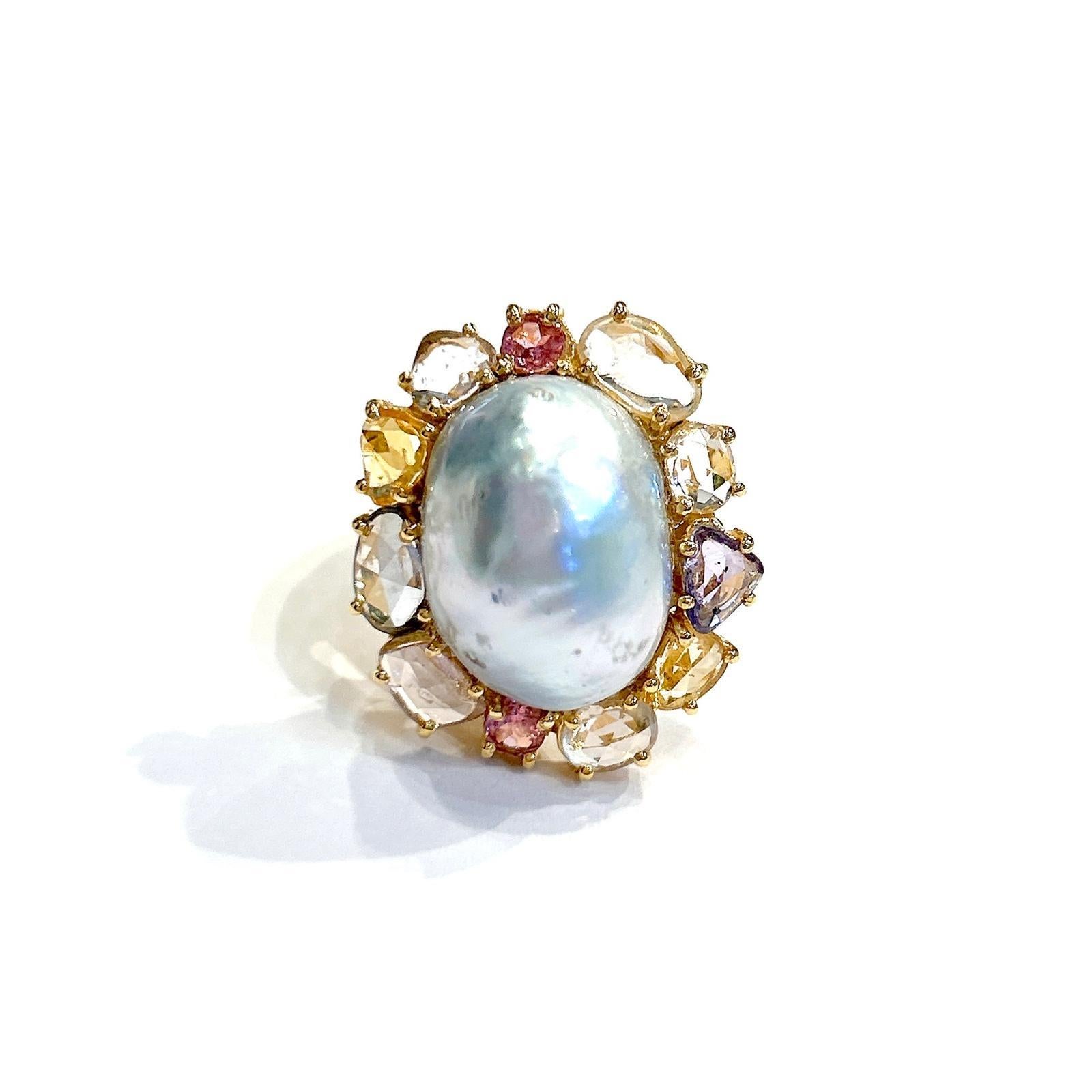 Bochic “Orient” South Sea Pearl&Rose Fancy Sapphires Ring Set 18K Gold & Silver For Sale 4