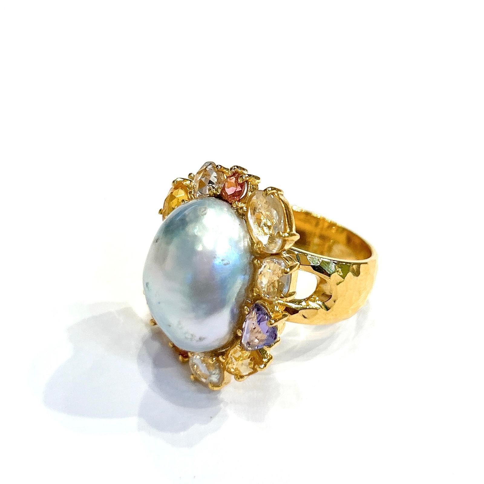 Baroque Bochic “Orient” South Sea Pearl&Rose Fancy Sapphires Ring Set 18K Gold & Silver For Sale