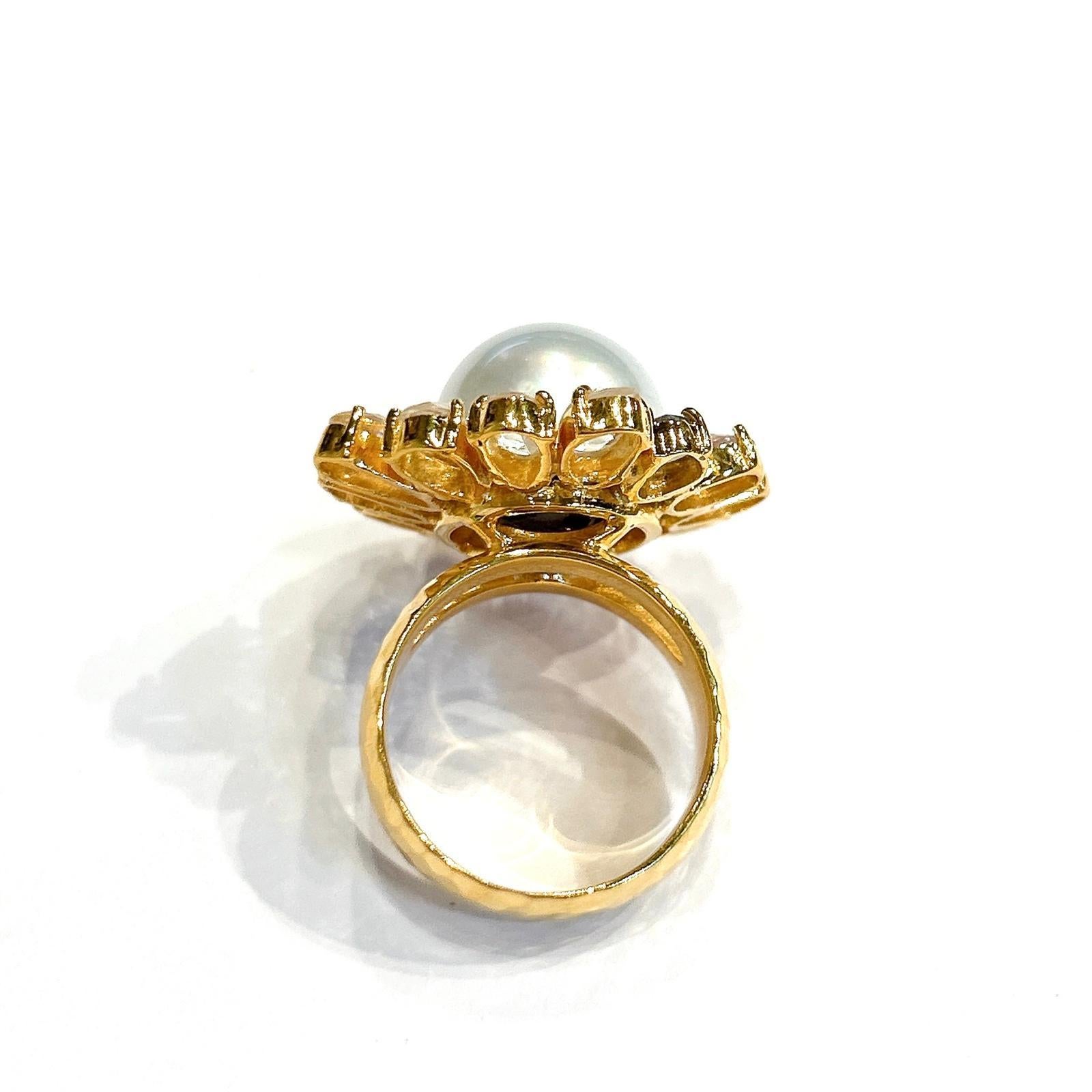 Rose Cut Bochic “Orient” South Sea Pearl&Rose Fancy Sapphires Ring Set 18K Gold & Silver For Sale