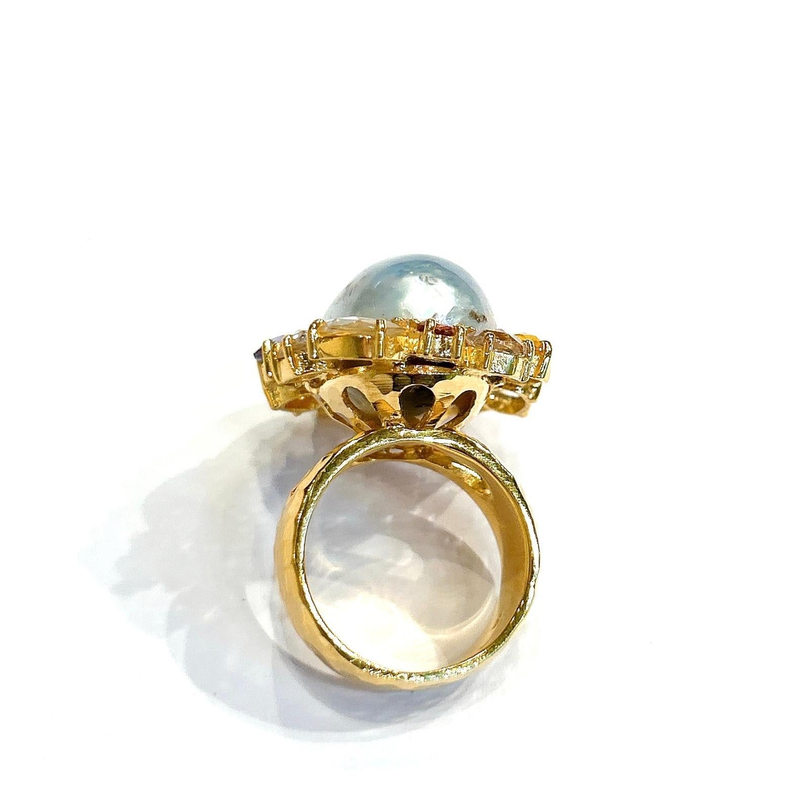 Bochic “Orient” South Sea Pearl&Rose Fancy Sapphires Ring Set 18K Gold & Silver In New Condition For Sale In New York, NY