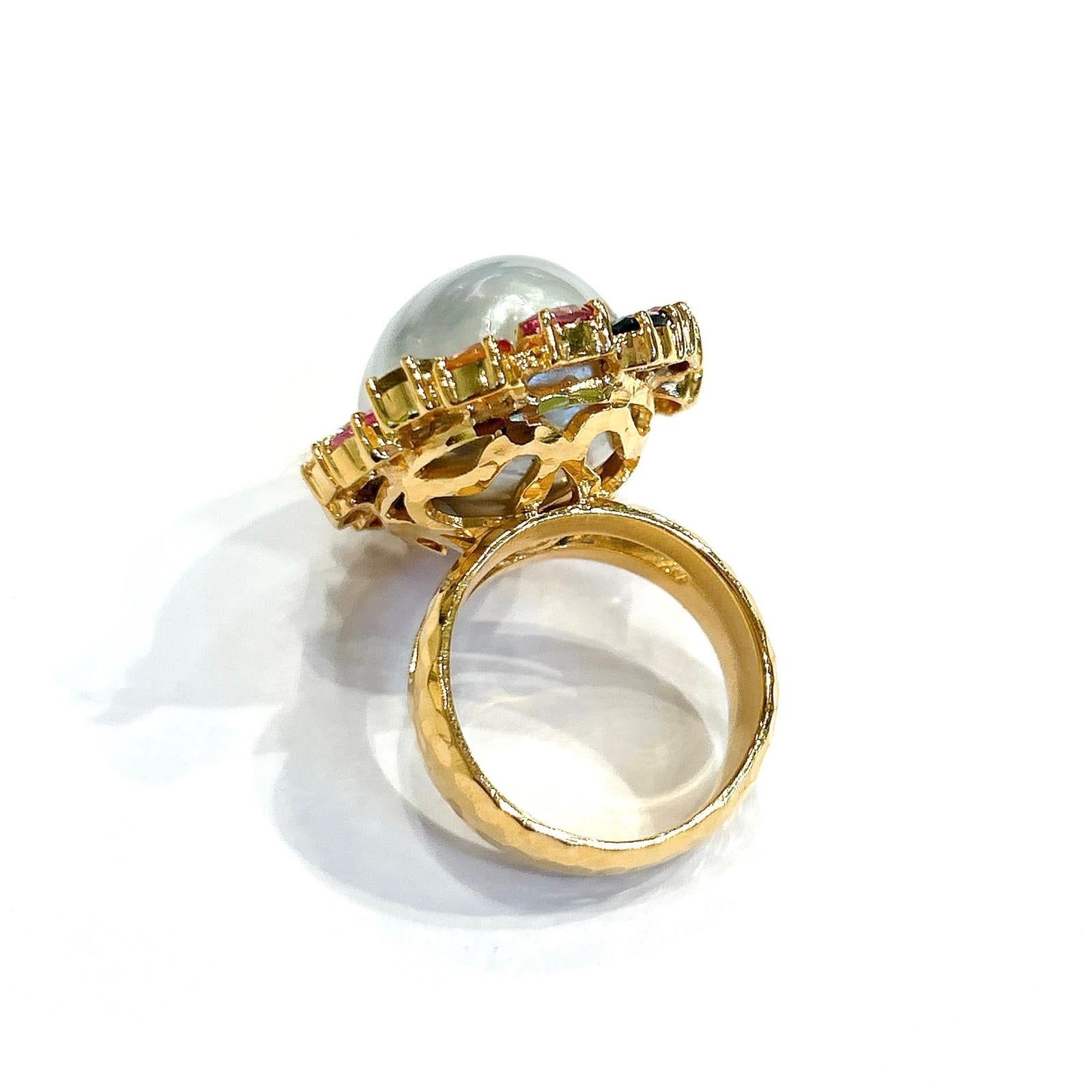 Women's or Men's Bochic “Orient” South Sea Pearl&Rose Fancy Sapphires Ring Set 18K Gold & Silver For Sale