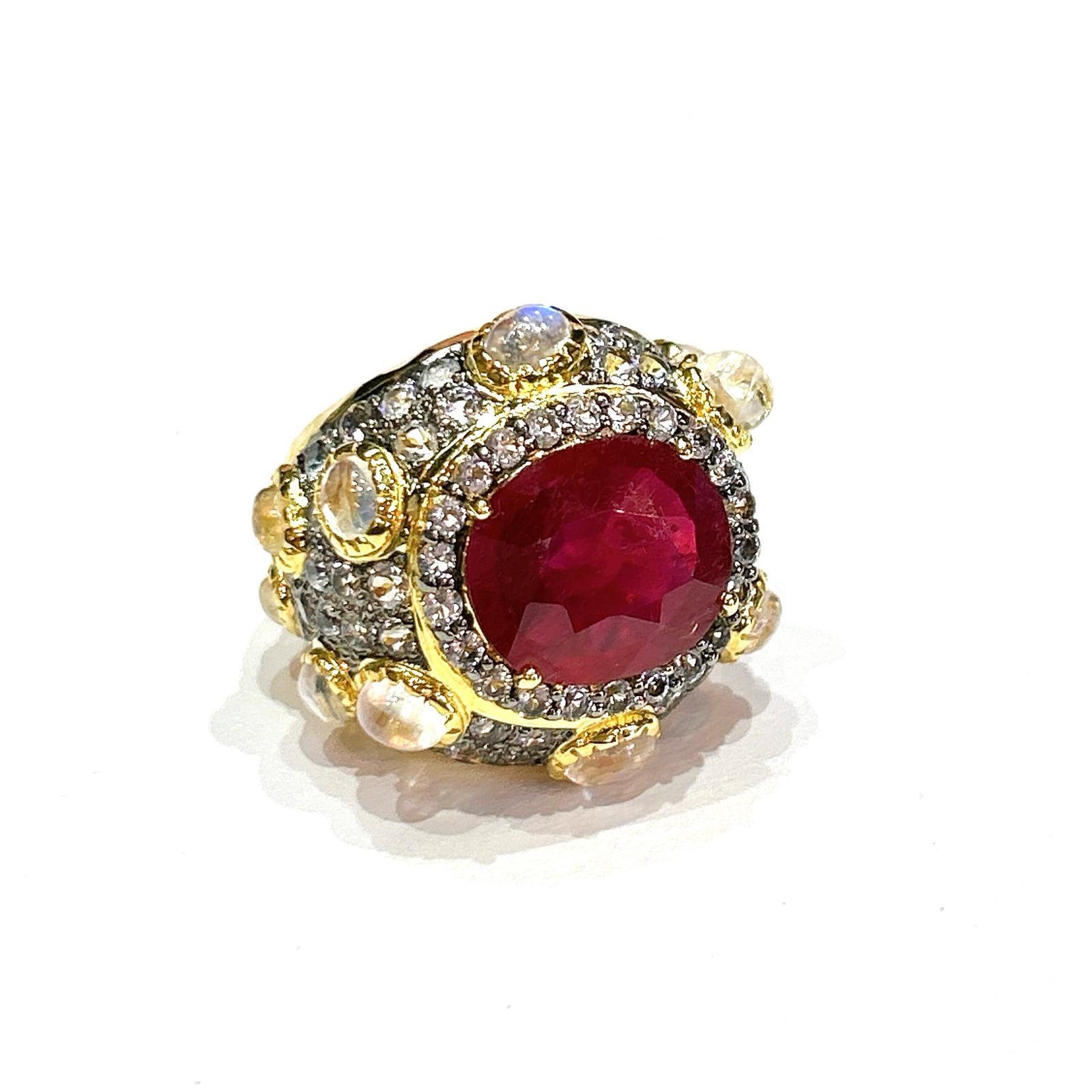 Art Deco Bochic “Orient” Spark Ruby, Diamonds & Multi Gem Ring  Set In 18K & Silver  For Sale