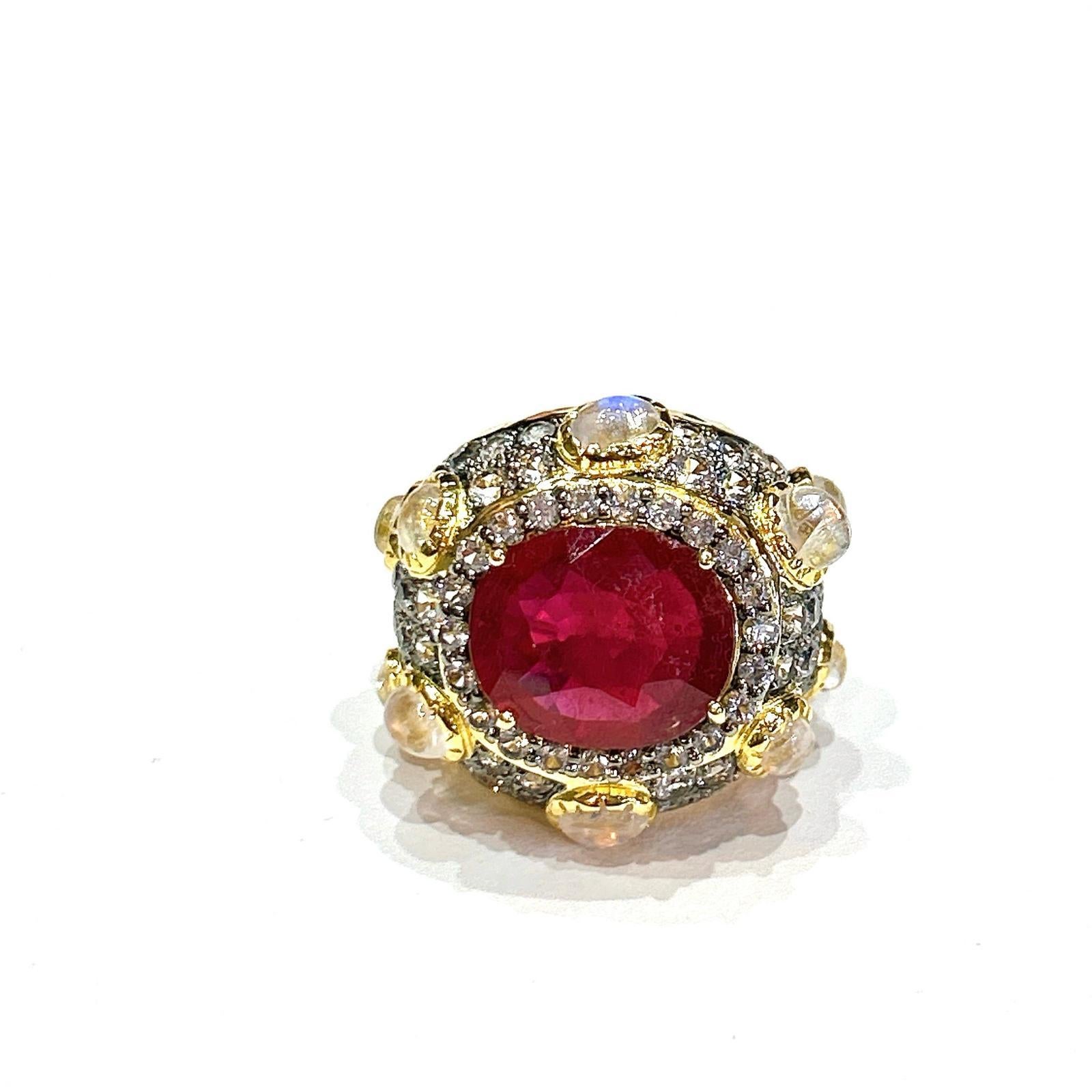 Brilliant Cut Bochic “Orient” Spark Ruby, Diamonds & Multi Gem Ring  Set In 18K & Silver  For Sale