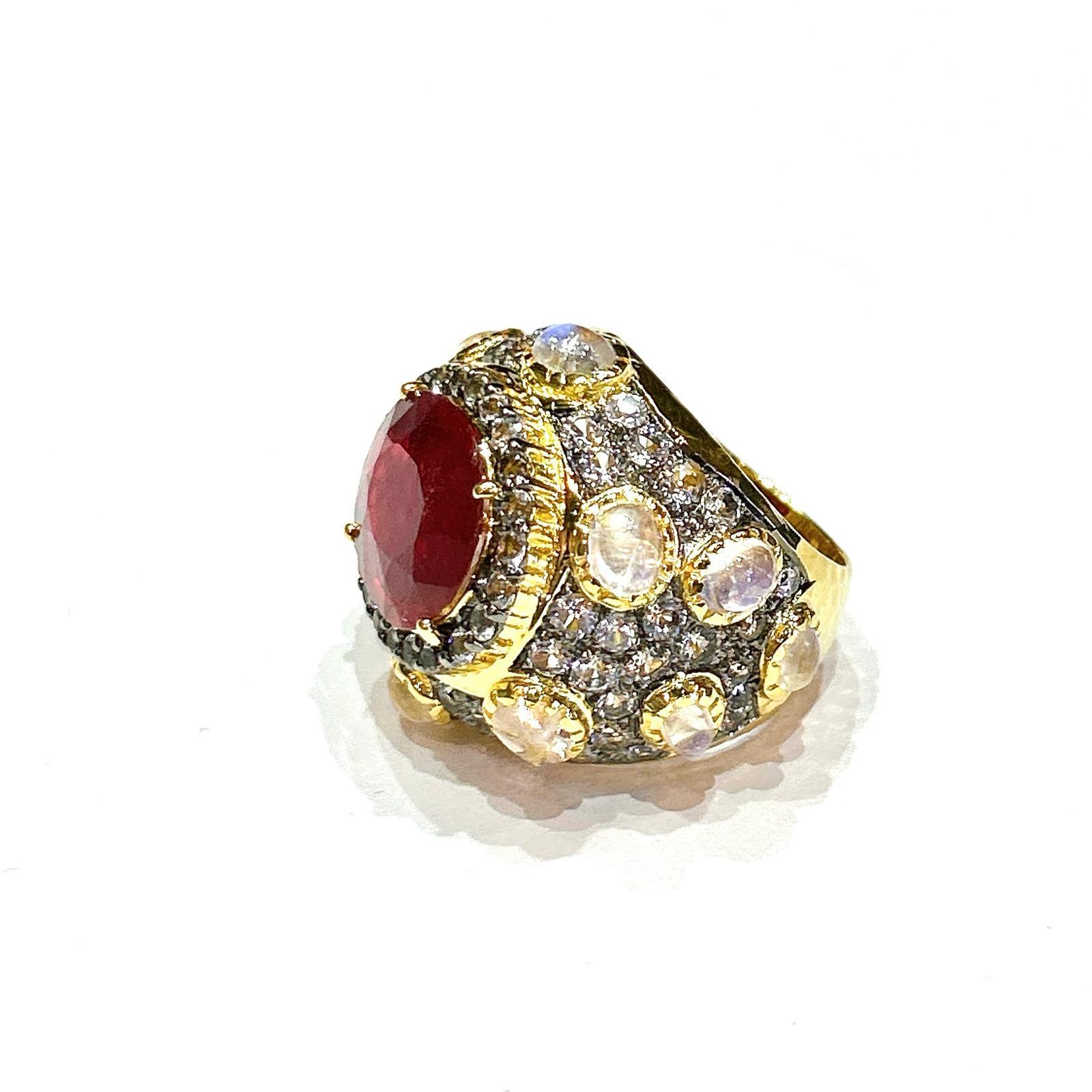 Women's or Men's Bochic “Orient” Spark Ruby, Diamonds & Multi Gem Ring  Set In 18K & Silver  For Sale